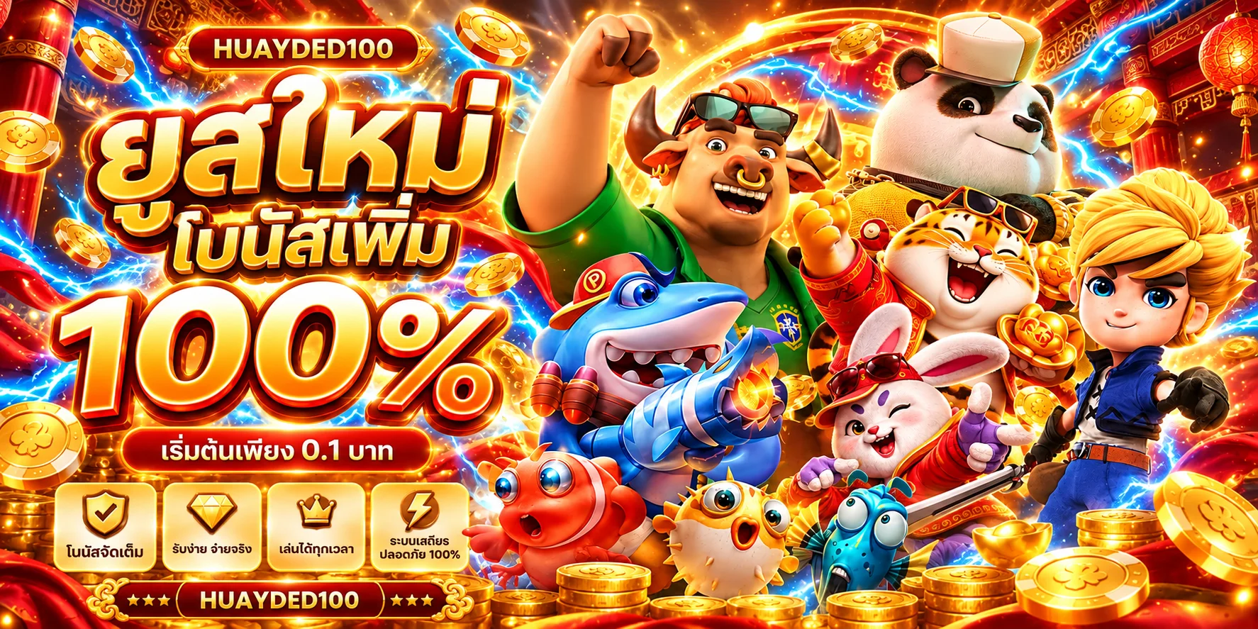 แบนเนอร์ HUAYDED100 รวมค่ายเกมสล็อตและตัวละครนำโชค